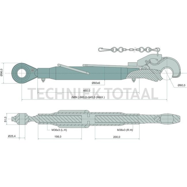 GRANIT Mechanischer Oberlenker Fanghaken/Gewindespindel, Kat. 2/3, 660-945 mm