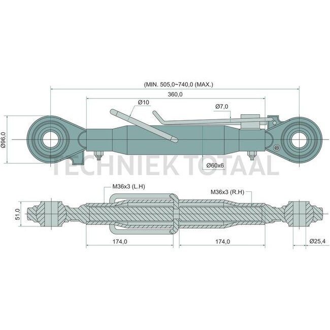 GRANIT Mechanischer Oberlenker Gewindespindel/Gewindespindel, Kat. 2/2, 505 - 740 mm