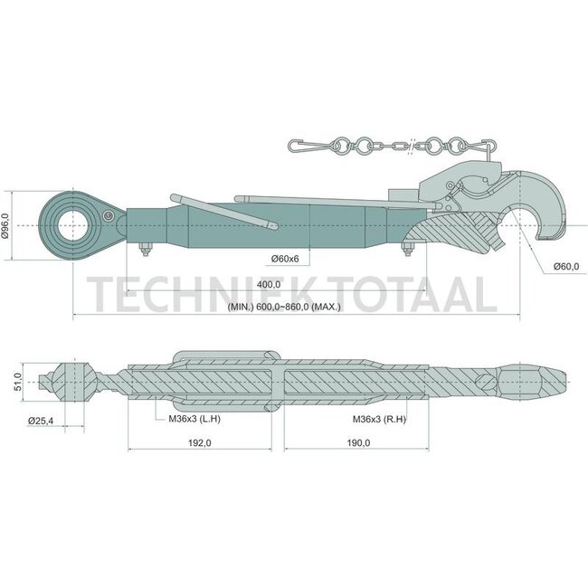 GRANIT Mechanischer Oberlenker Fanghaken/Gewindespindel, Kat. 2/3, 600-860 mm