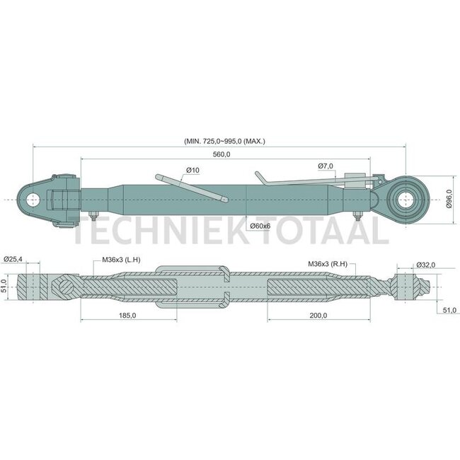 GRANIT Oberlenker Gabelkopf/Kugelgelenk Kat. 2/3, 560 mm, 725 - 995 mm
