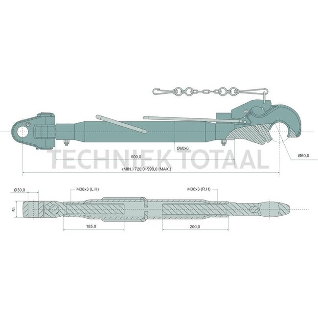 GRANIT Topstang vanghaak/gaffelkop cat. 30/3, 500 mm, 720 - 990 mm
