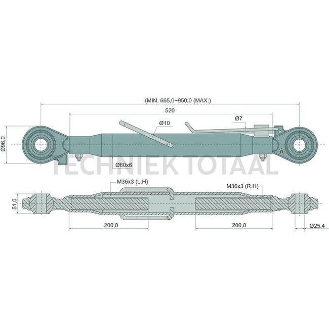 GRANIT Mechanischer Oberlenker cat. 2/25,4, 665 - 950 mm, M36 x 3