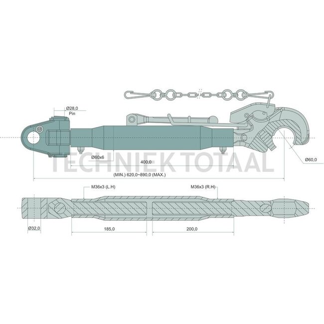GRANIT Oberlenker Fanghaken/Gabelkopf Kat. 3/3, 400 mm, 620 - 890 mm
