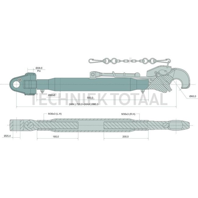 GRANIT Oberlenker Fanghaken/Gabelkopf Kat. 2/3, 500 mm, 720 - 990 mm