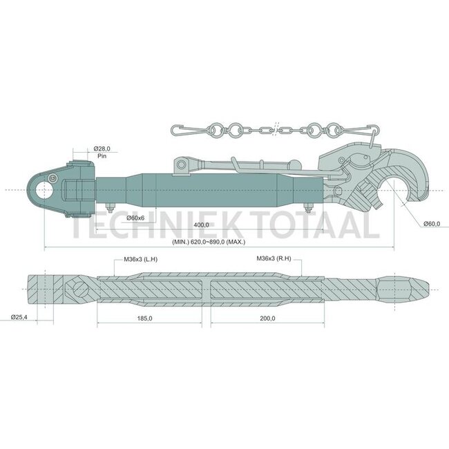 GRANIT Topstang vanghaak/gaffelkop cat. 2/3, 400 mm, 620 - 890 mm