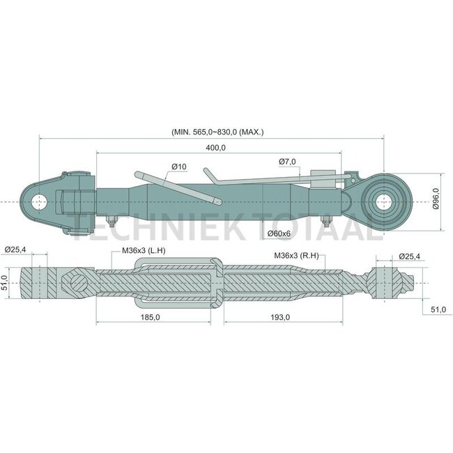 GRANIT Top link clevis/ball joint cat. 2/2, 400 mm, 565 - 830 mm