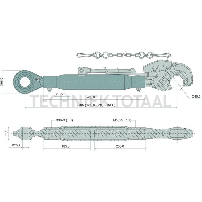GRANIT Top link hook/threaded spindle cat. 2/3, 400 mm, 600 - 870 mm