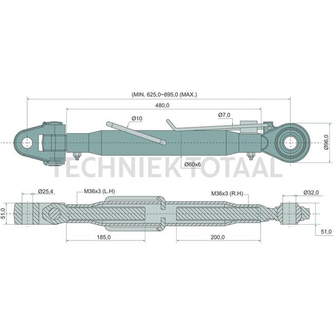 GRANIT Mechanische topstang cat. 2/25,4-3/32, 625 - 895 mm, M36 x 3