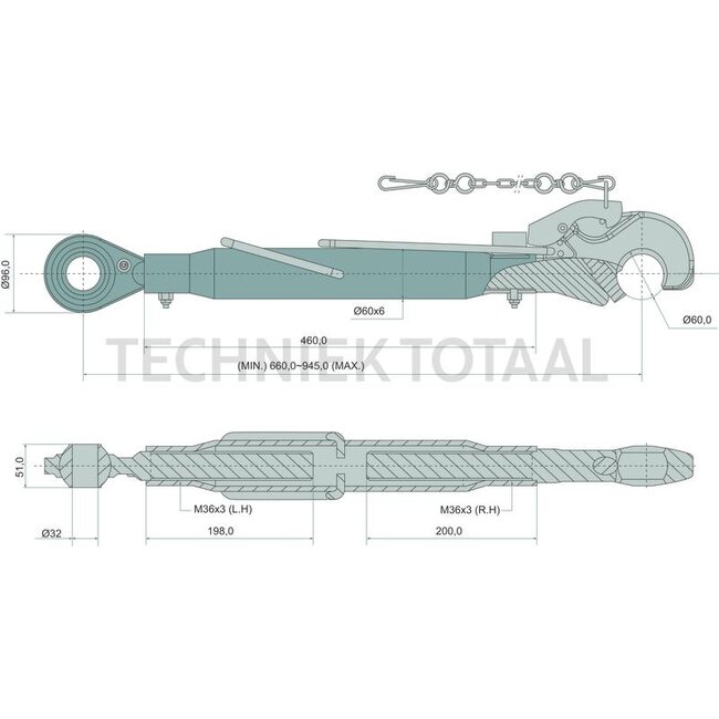 GRANIT Mechanische topstang cat. 3/32-3/32, 660 - 945 mm, M36 x 3
