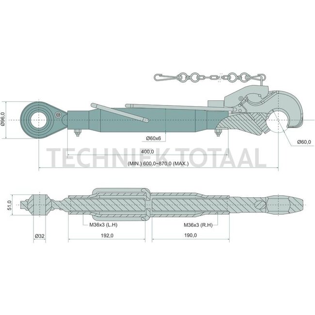 GRANIT Mechanischer Oberlenker cat. 3/32-3/32, 600 - 870 mm, M36 x 3