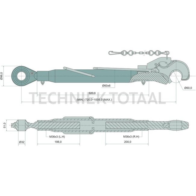GRANIT Mechanische topstang cat. 3/32-3/32, 720 - 1005 mm, M36 x 3
