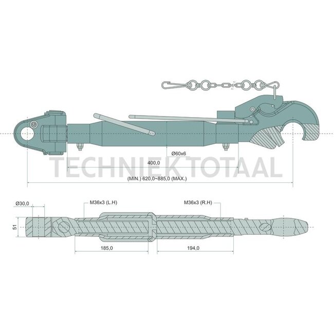 GRANIT Mechanischer Oberlenker Kat. 30-3/32, 620 - 885 mm, M36 x 3