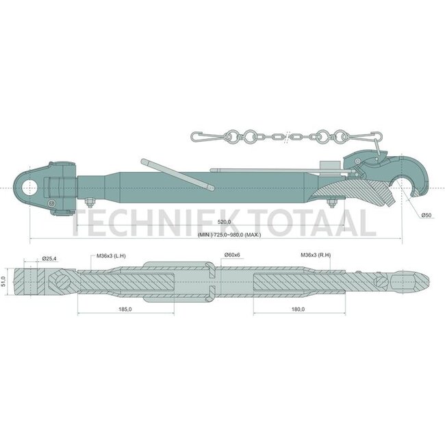 GRANIT Mechanischer Oberlenker Kat. 2/25,4-2/25,4, 725 - 980 mm, M36 x 3