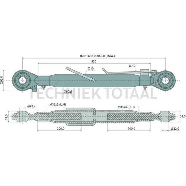 GRANIT Mechanischer Oberlenker cat. 2/25,4-3/32, 665 - 950 mm, M36 x 3