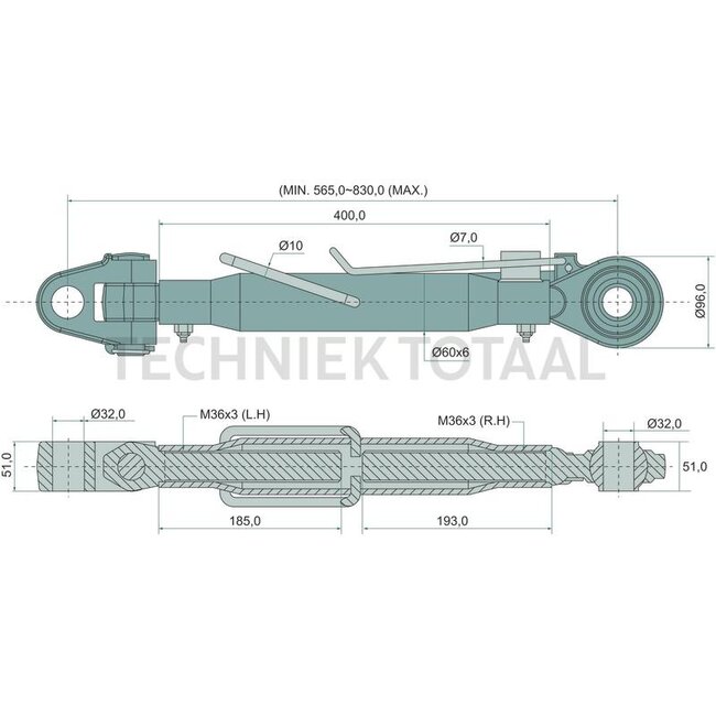 GRANIT Mechanischer Oberlenker cat. 3/32-3/32, 565 - 830 mm, M36 x 3