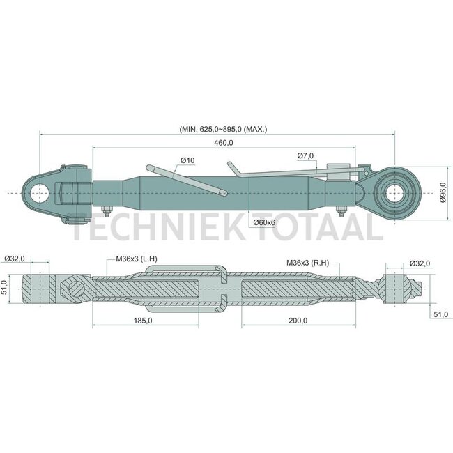 GRANIT Mechanischer Oberlenker cat. 3/32-3/32, 625 - 895 mm, M36 x 3