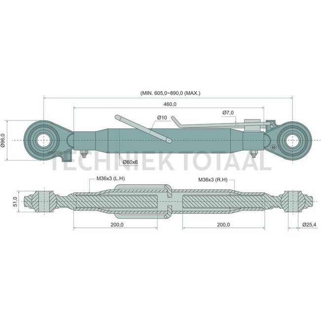 GRANIT Mechanischer Oberlenker Kat. 2/25,4-2/25,4, 605 - 890 mm, M36 x 3