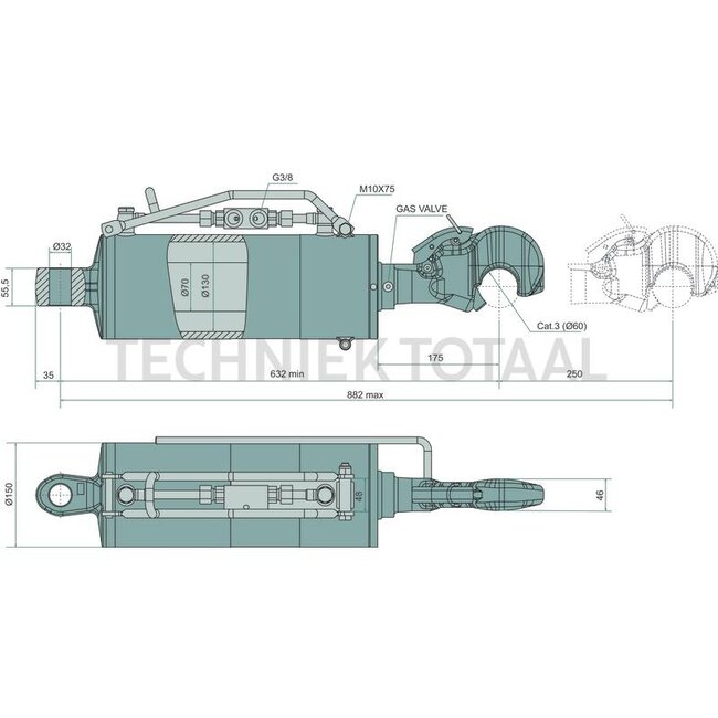 GRANIT Hydraulischer Oberlenker Ø 70/130 mm, Hub 250 mm, 45°, Gabelkopf