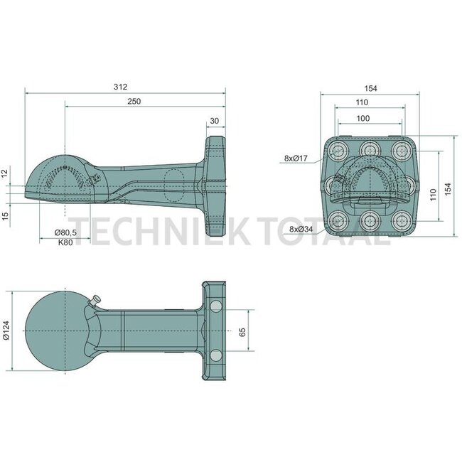 Scharmüller Zugöse ball 80, 250 mm, flange 110 x 100 mm, 8-hole M17 | 00.652.93.0-A90