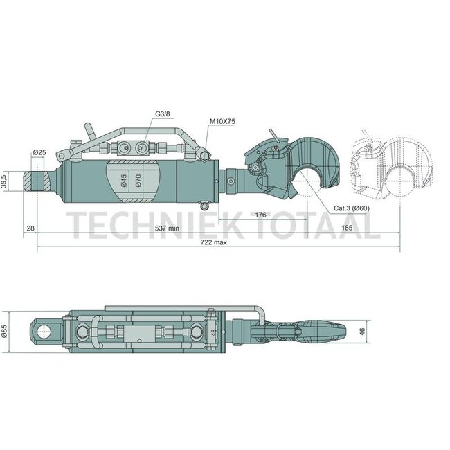 GRANIT Hydraulischer Oberlenker Kat. 3/60, Ø 45/70 mm, Hub 185 mm, oben
