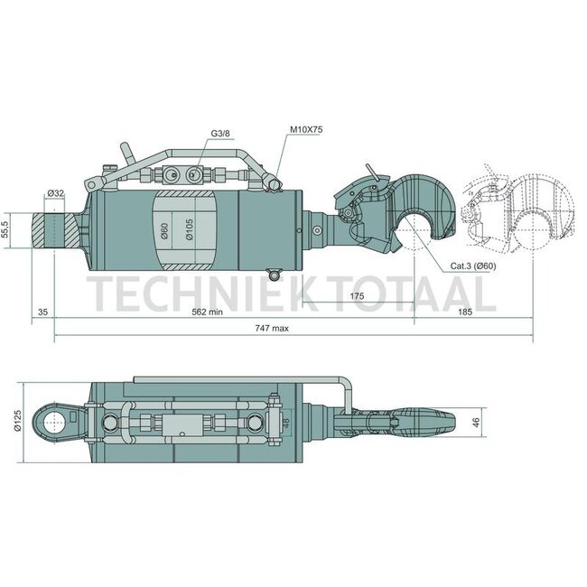 GRANIT Hydraulic top link Ø 60/105 mm, stroke 185 mm, upper, clevis