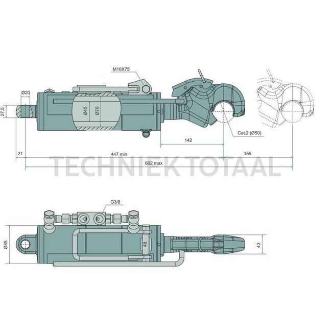 GRANIT Hydraulic top link Ø 45/70 mm, stroke 155 mm, 60°, clevis