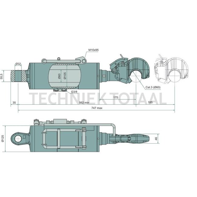 GRANIT Hydraulic top link Ø 60/105 mm, stroke 185 mm, 120°, clevis