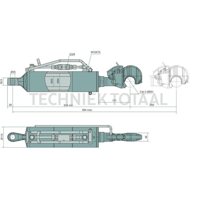 GRANIT Hydraulischer Oberlenker Ø 55/90 mm, Hub 250 mm, oben, Gabelkopf