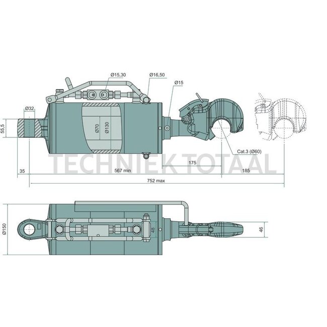 GRANIT Hydraulic top link Ø 70/130 mm, stroke 185 mm, upper, clevis
