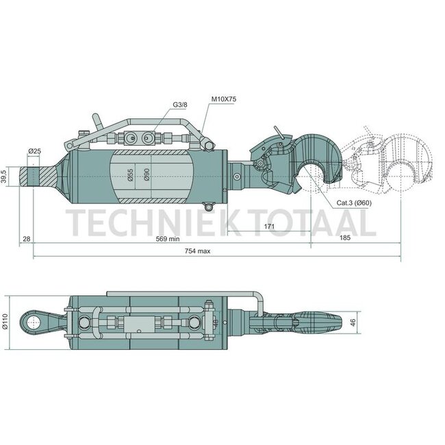 GRANIT Hydraulic top link Ø 55/90 mm, stroke 185 mm, upper, clevis