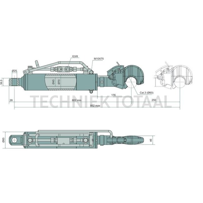 GRANIT Hydraulic top link with damping 3/60-2/25,4, 602-852 mm, stroke 250 mm