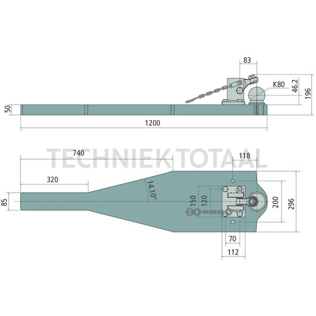 Scharmüller Draagplaat kogel 80, 1200 x 296 mm, dikte 50 mm, 84,1 kN