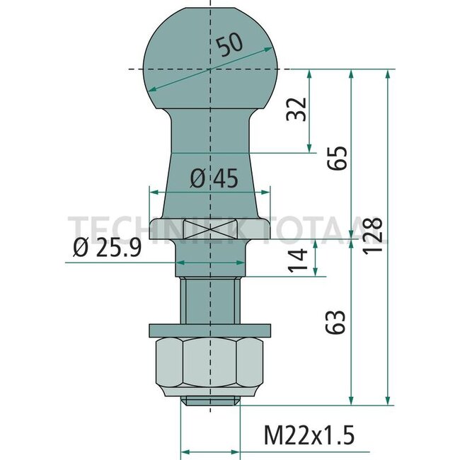 AL-KO Kugelkopfbolzen K50 M24 x 1,5, 26 x 63 mm, treklast 3500 kg | 1860683