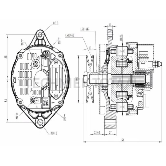 HELLA Alternator 14 V / 65 A, pulley Ø 92 mm, 1 groove Massey Ferguson | 8EL 015 643-281, 3467043M91, 3581388M1, 3933144M91