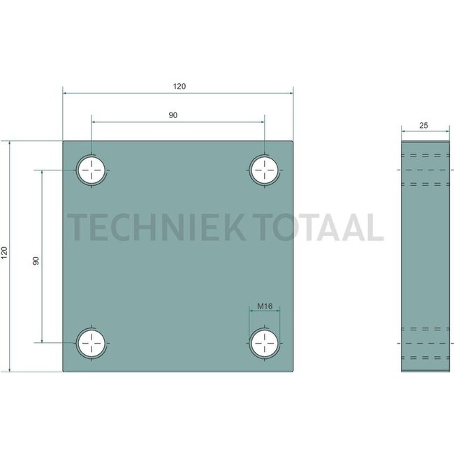 Scharmüller Adapter plate 120 x 120 mm, thickness 25 mm, M16, hole pattern 90 x 90 mm