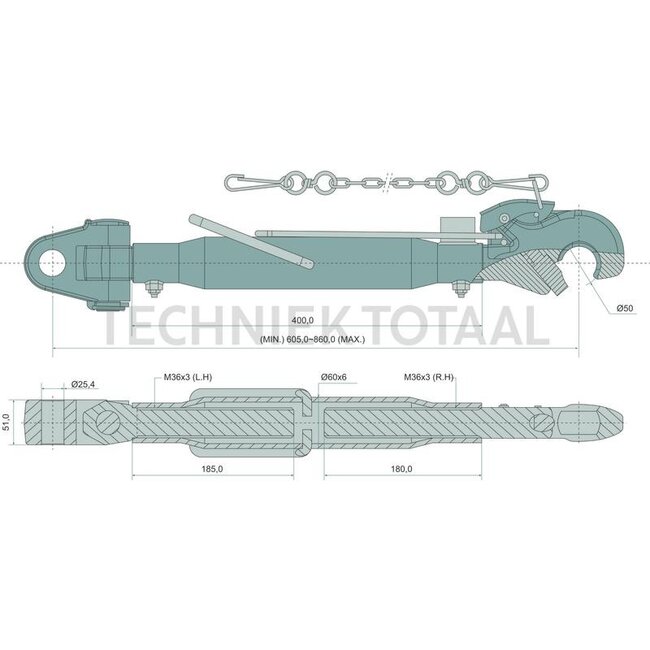 GRANIT Mechanische topstang zware uitvoering cat. 2/2, 605 - 860 mm, M36 x 3