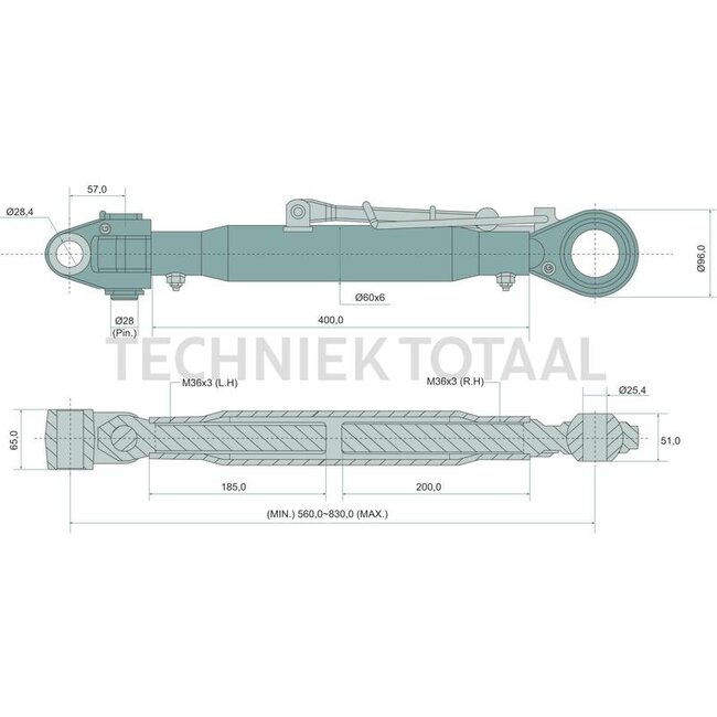 GRANIT Mechanische topstang zware uitvoering cat. 28,4/2, 560 - 830 mm
