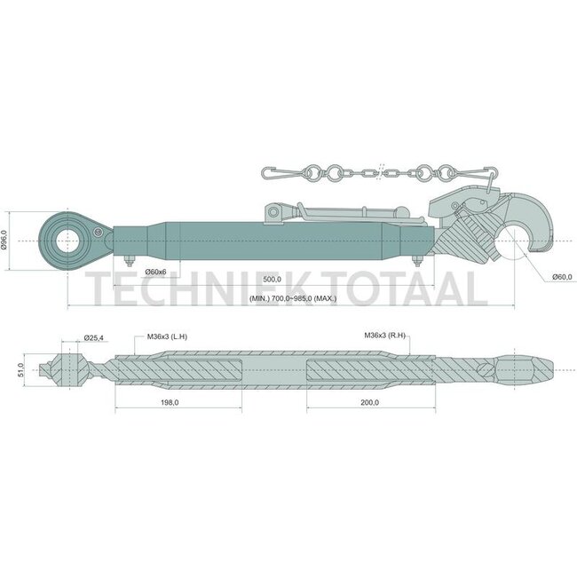 GRANIT Mechanische topstang zware uitvoering cat. 2/3, 700 - 985 mm, M36 x 3