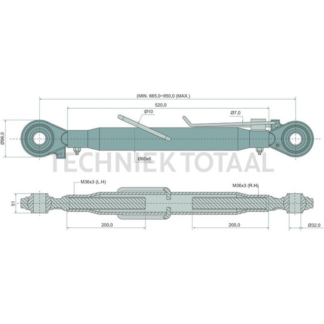 GRANIT Mechanische topstang zware uitvoering cat. 3/3, 665 - 950 mm, M36 x 3