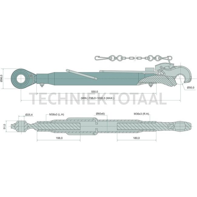 GRANIT Mechanische topstang zware uitvoering cat. 2/2, 735 - 1000 mm, M36 x 3