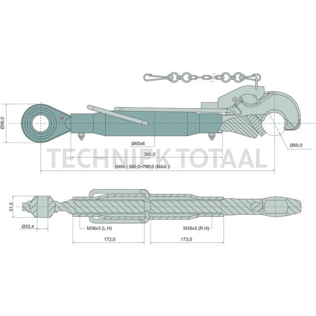 GRANIT Mechanischer Oberlenker schwere Ausführung Kat. 2/3, 560 - 790 mm, M36 x 3