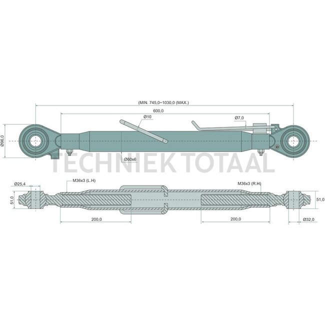 GRANIT Mechanische topstang zware uitvoering cat. 2/3, 745 - 1030 mm, M36 x 3