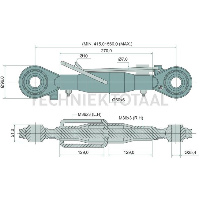 Mechanische topstang zware uitvoering cat. 2/2, 415 - 460 mm, M36 x 3