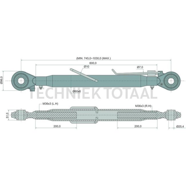 GRANIT Mechanische topstang draadspindel/draadspindel cat. 2/2, 745 - 1030 mm