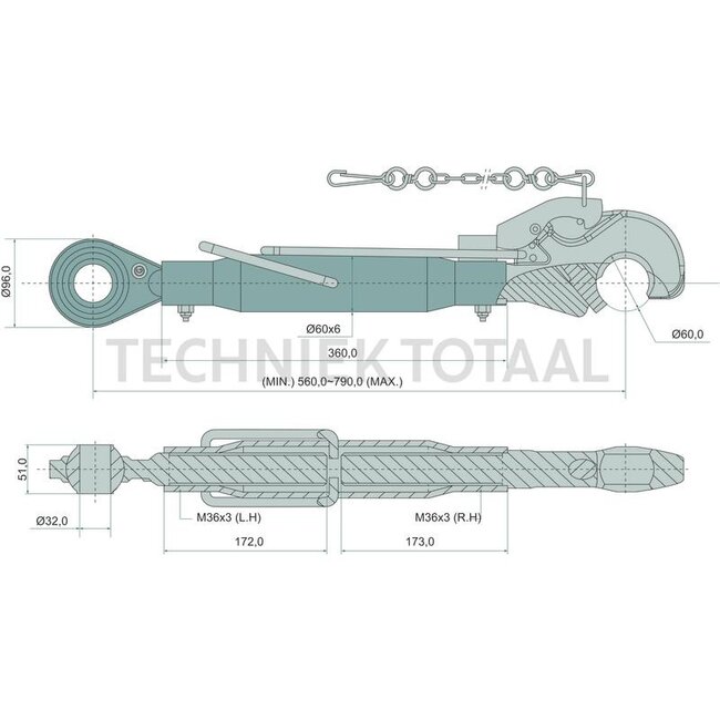 GRANIT Mechanischer Oberlenker Fanghaken/Gewindespindel Kat. 3/3, 560-790 mm