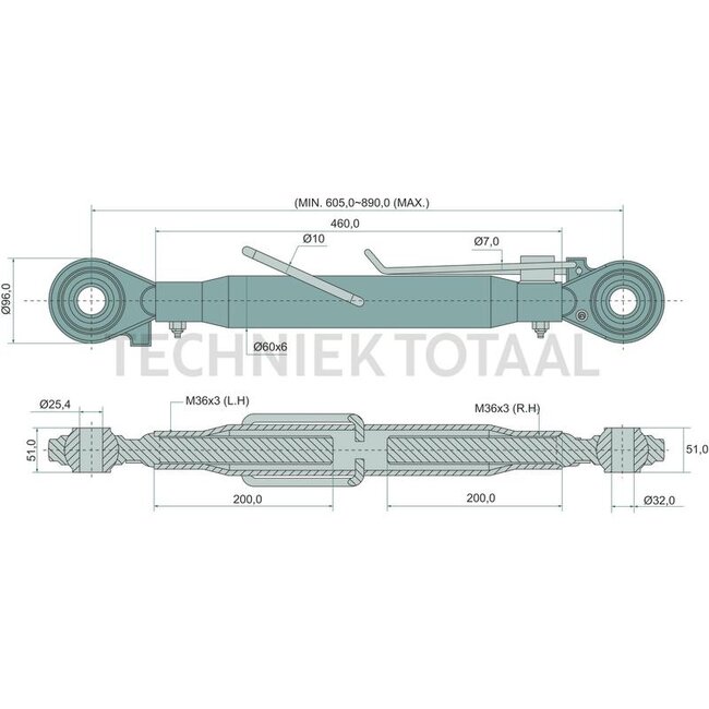GRANIT Mechanischer Oberlenker Gewindespindel/Gewindespindel Kat. 2/3, 605 - 890 mm
