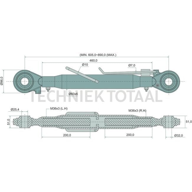 GRANIT Mechanischer Oberlenker threaded spindle/threaded spindle cat. 2/3, 605 - 890 mm