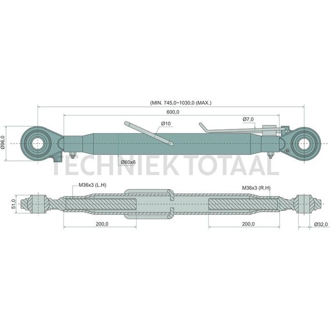 GRANIT Mechanische topstang draadspindel/draadspindel cat. 3/3, 745 - 1030 mm
