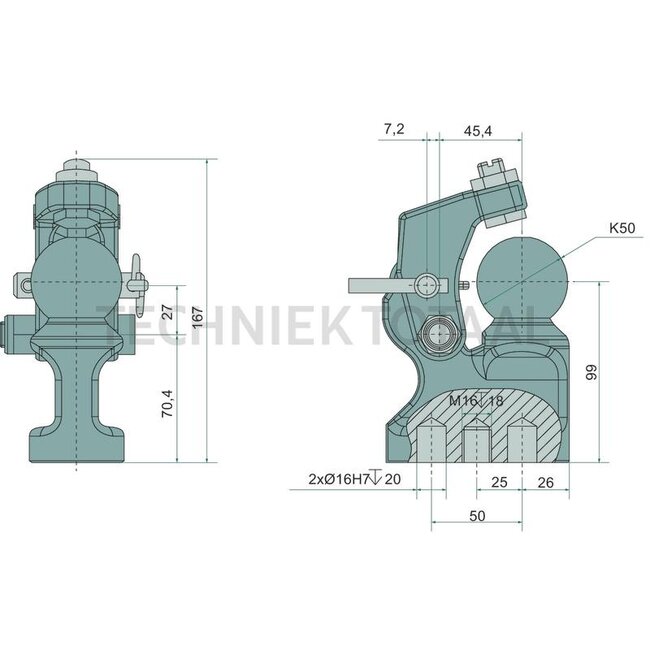 Scharmüller Gedwongen besturing K50 rechts, 167 mm, M16 | 02.481.3056