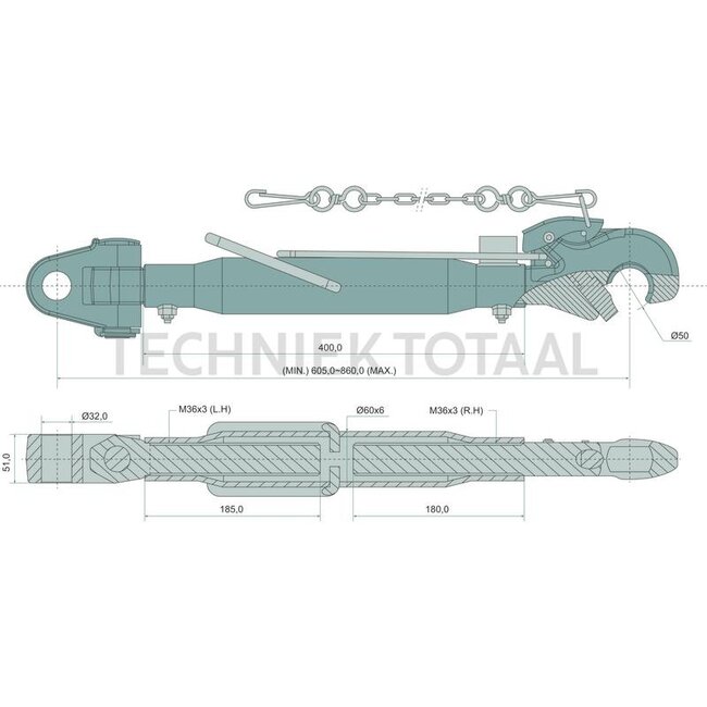 GRANIT Mechanische topstang vanghaak/gaffelkop cat. 3/2, 605 - 860 mm
